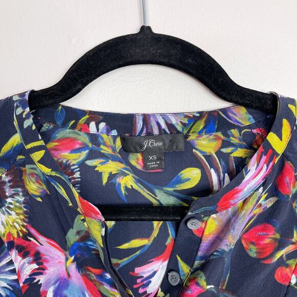 J Crew Silk Pleated Floral Popover Blouse Top Navy Blue XSmall K1822 Womens - Picture 4 of 11